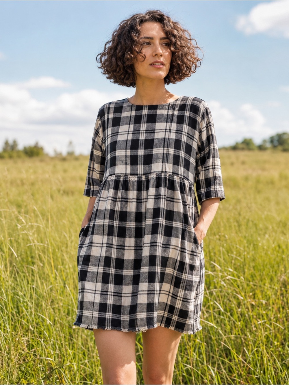 Esby Willow Babydoll Dress Casual Plaid Black White Gray Flannel Short Sleeve L